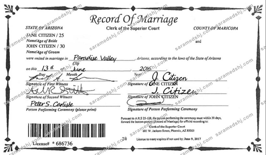 USA Arizona state marriage certificate template in PSD format